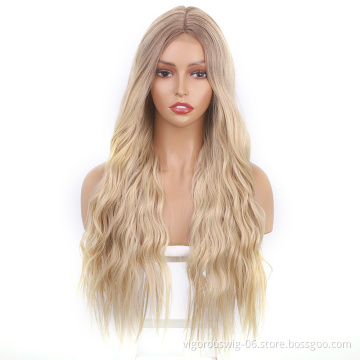 Lace Synthetic Wig Colored Blonde Hair Long Body Wavy Middle Part High Quality Good Premium Hair Cheap Price